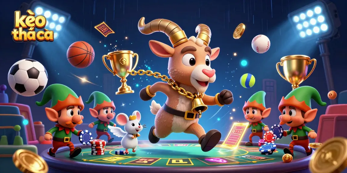 Engage with kèo nhà cái in a vibrant, dynamic casino scene filled with sports action and festive characters.