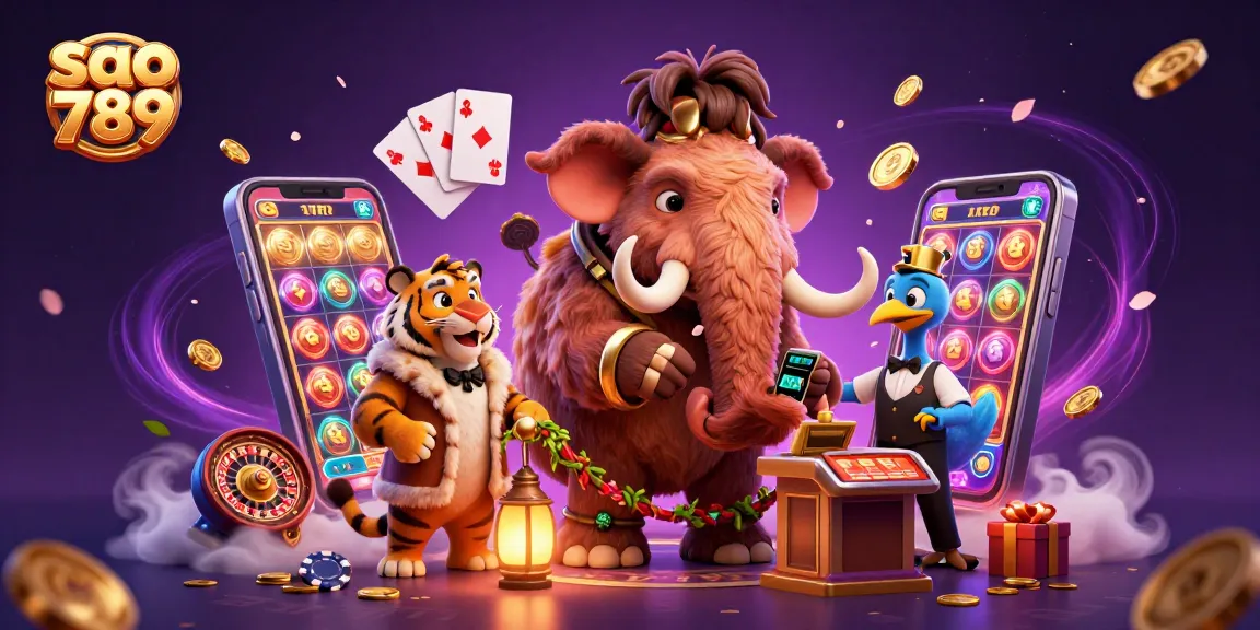 Sao 789 welcomes players with a vibrant casino scene featuring a woolly mammoth bouncer and a saber-tooth VIP.