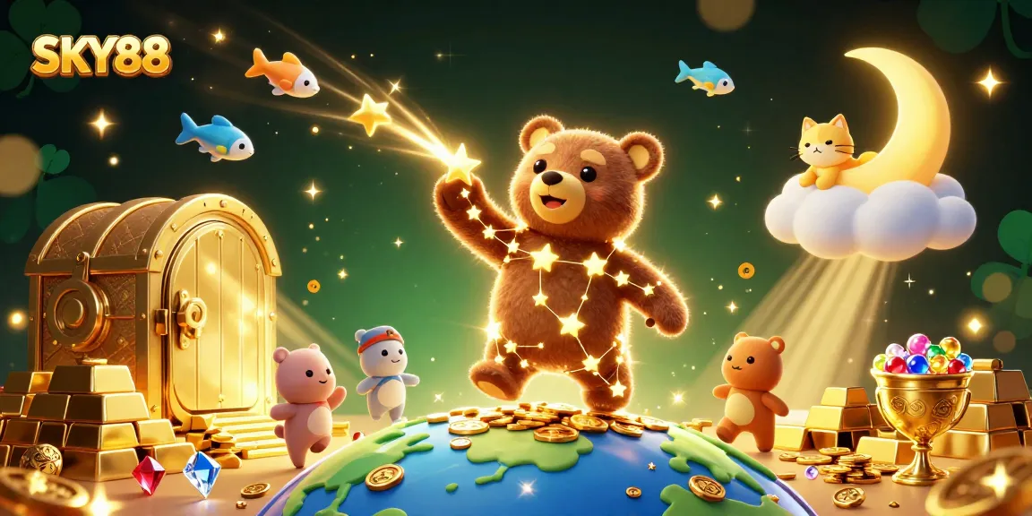 Enjoy thrilling gameplay with SKY88 as a constellation bear scoops coins with a moon cat beside him.