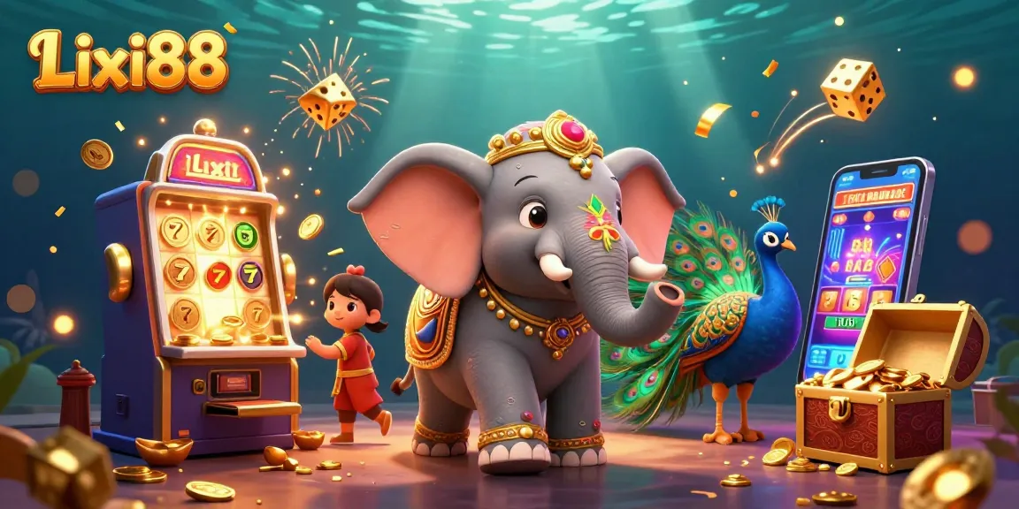 Lixi88 showcases a vibrant scene with a festive elephant, colorful game elements, and a dynamic casino theme.