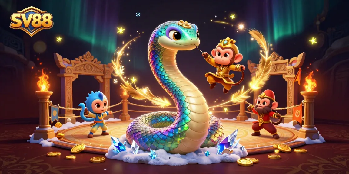 SV88 engages players with stunning visuals of a colorful serpent and monkey king amid a dynamic betting scene.
