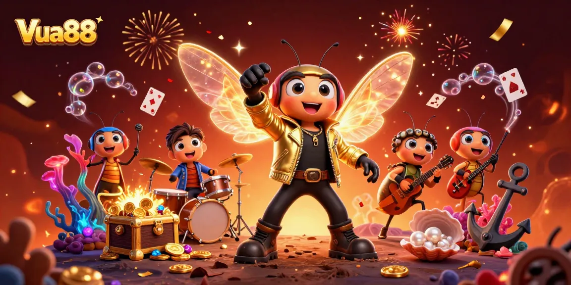 Experience Vua88's vibrant casino vibe with a 3D cicada rock star illustration, surrounded by gold and games.