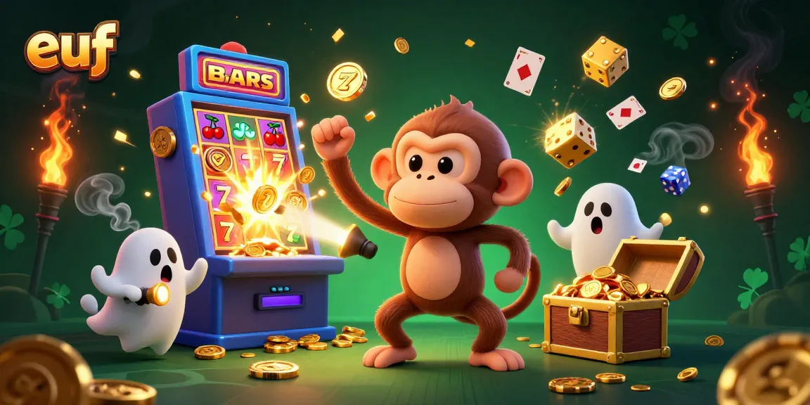 Experience the magic of euf with a playful ghost-hunter puppy tracking a mischievous poltergeist monkey in a lively casino scene.
