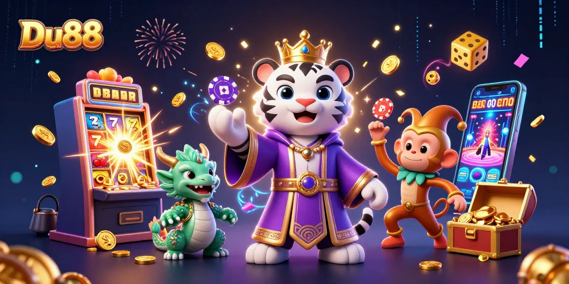 Experience the vibrant energy of Du88 with a lively casino scene featuring a royal tiger, jester monkey, and jade dragon.