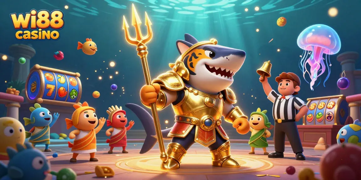 Experience thrill at wi88 casino with an epic underwater scene featuring a golden shark champion.