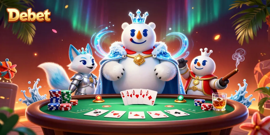 Engage with Debet for thrilling poker action featuring an ice king and a snow fox in a dynamic casino scene.