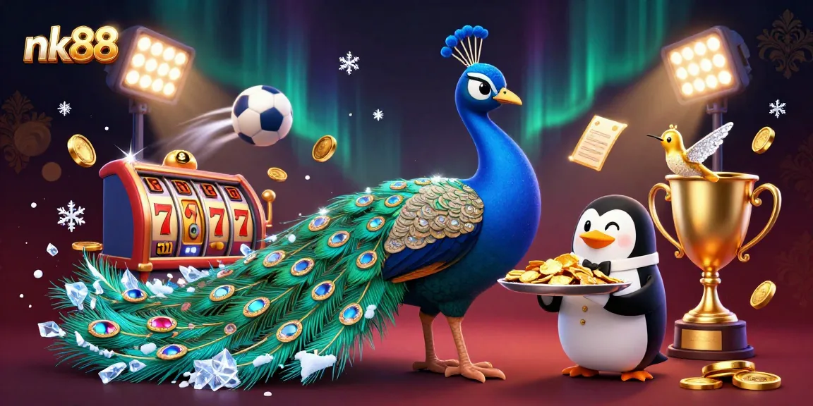 Nk88 encapsulates the thrill of online gaming with a vibrant scene featuring a peacock, penguin, and hummingbird amidst dynamic slot game elements.