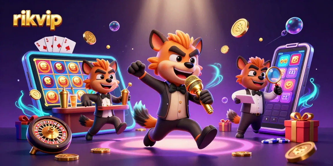 Experience the exciting rikvip casino scene with hyenas hosting games and drinks amidst vibrant action.