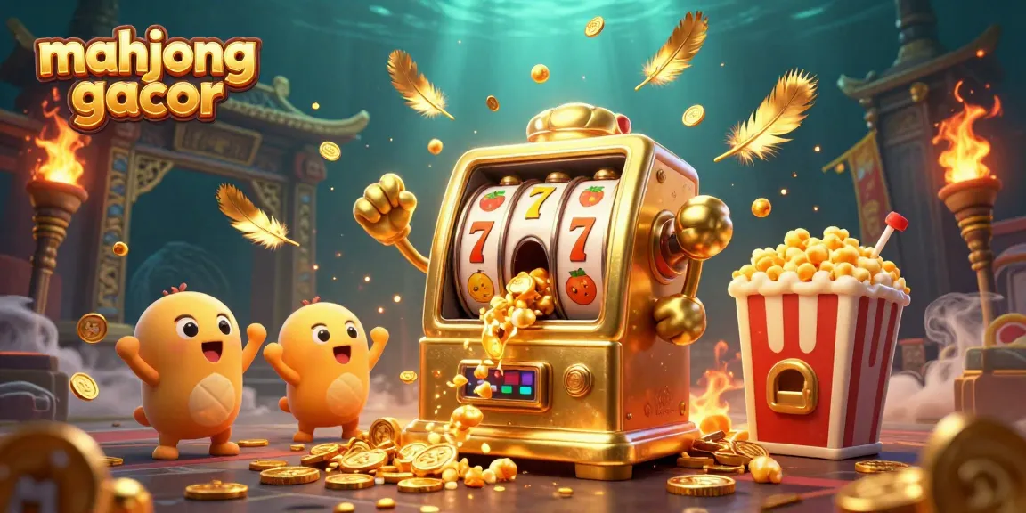 Experience mahjong gacor excitement with a joyful golden slot machine hitting jackpots amid swirling coins.
