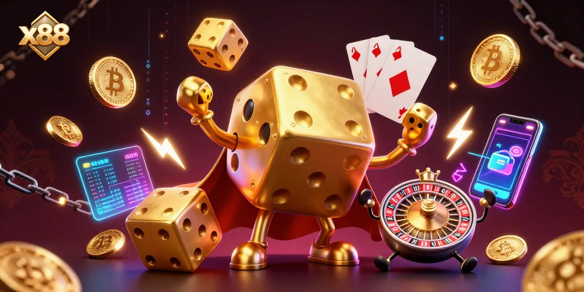 x88 players rolling golden dice and betting with cryptocurrency coins in a vibrant casino scene