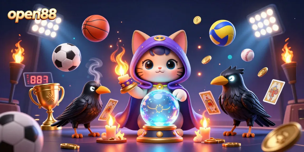 Experience the thrill of open88 sports betting with a mystical cat and raven in action.