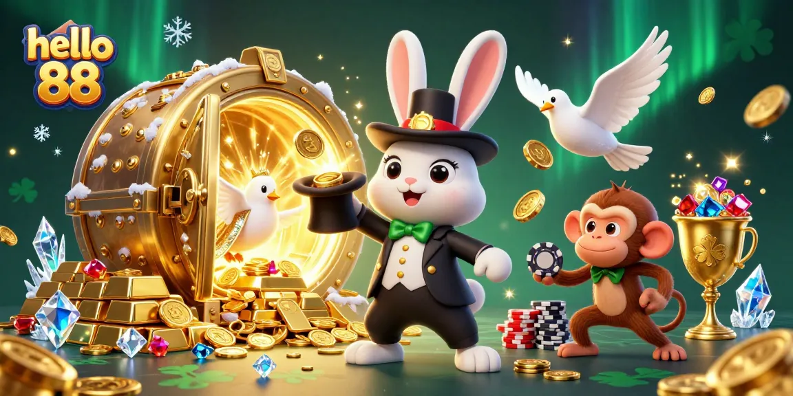 Engage in the magic of hello 88 with a cartoon magician and dazzling treasures in a lively casino scene.