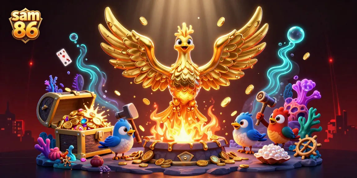 Experience excitement with sam 86 as a molten golden phoenix generates solid gold coins amidst vibrant casino elements.