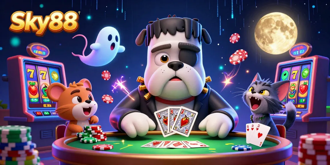 Engage in thrilling gameplay at Sky88 with a lively 3D casino scene featuring unique characters.