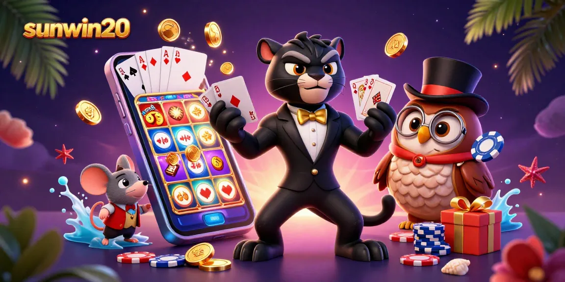 Engage in slots and jackpot action with sunwin20 as a stylish panther deals cards amidst vibrant casino elements.