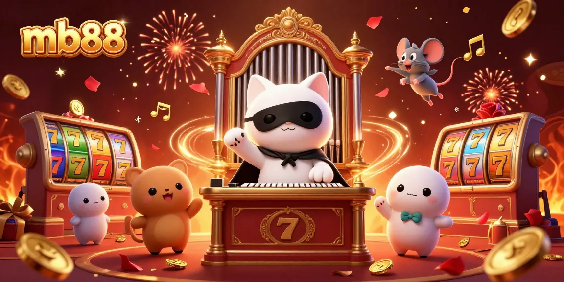 Spin and win at mb88 with vibrant slot reels and a whimsical casino scene featuring a masked cat and acrobat.