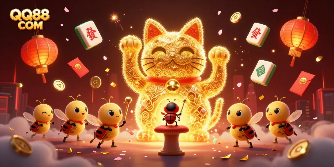 Join the excitement of QQ88 COM with a vibrant, dynamic illustration showcasing a lucky cat at play among casino symbols.