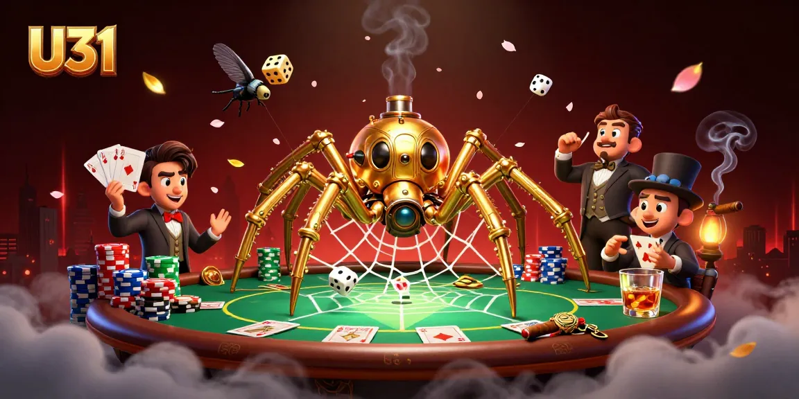 U31 casino illustration with a steampunk spider and poker elements, depicting a vibrant game atmosphere.