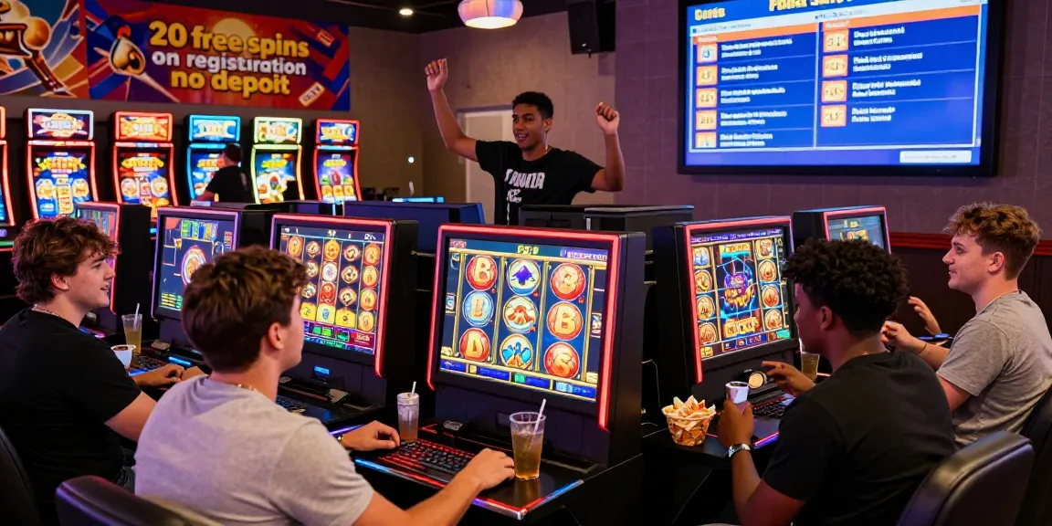Exciting moment showcasing the "20 free spins on registration no deposit" at a vibrant online casino with players enjoying popular slot games.