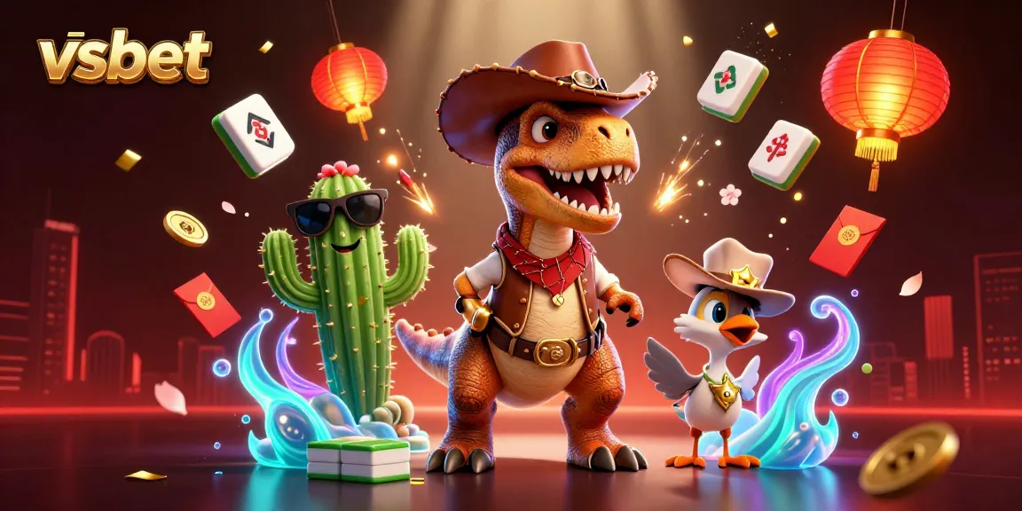 Experience the thrill of vsbet with a cowboy dinosaur and vibrant casino elements.