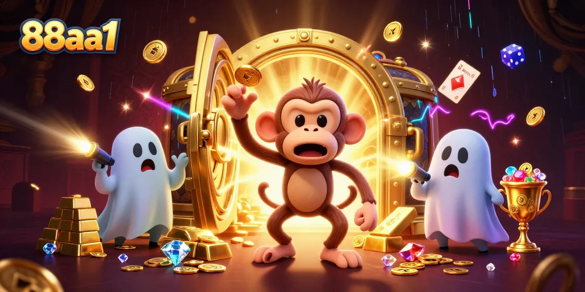 Engage with 88aa1's vibrant 3D casino scene showcasing a mischievous monkey juggling golden treasures and a curious puppy.