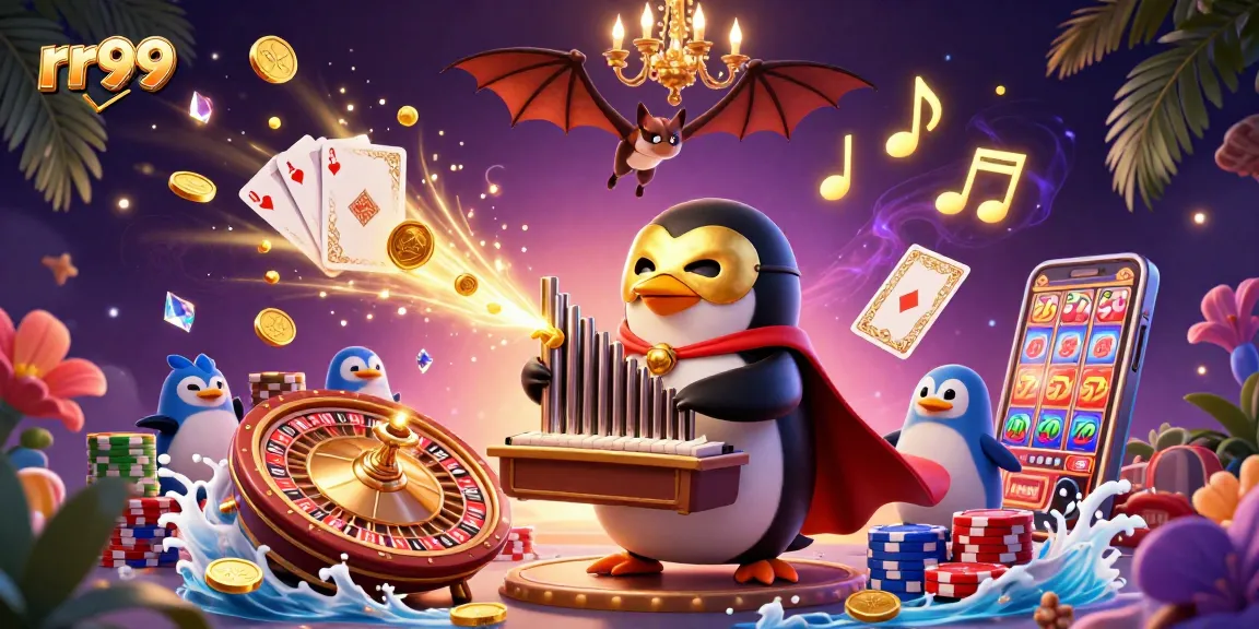 rr99 offers an engaging gaming experience with a vibrant 3D casino scene filled with golden coins.