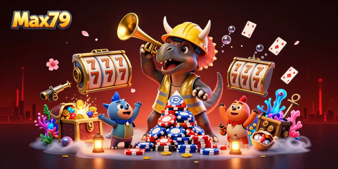 Join the fun with Max79 as the triceratops builds poker chip towers in this vibrant casino scene.