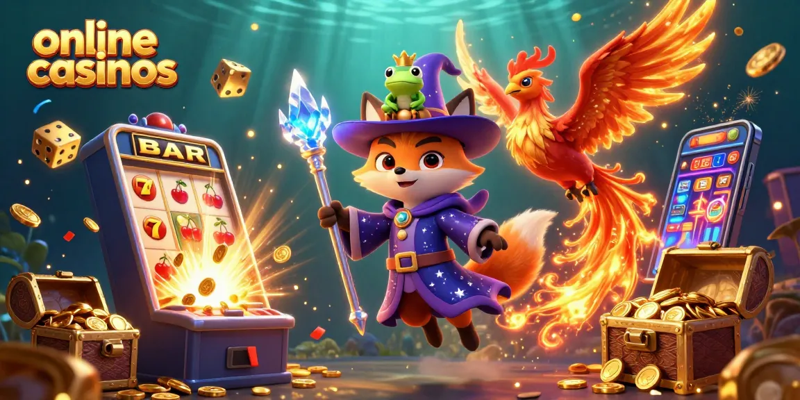 Engage with online casinos through a magical 3D scene featuring a wizard fox, phoenix, and vibrant game elements.