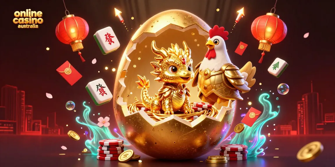 Experience online casino australia with a vibrant scene of a golden baby dragon and poker elements.
