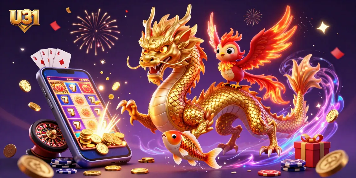 Experience U31's thrilling slots with a dragon and phoenix in a vibrant casino scene
