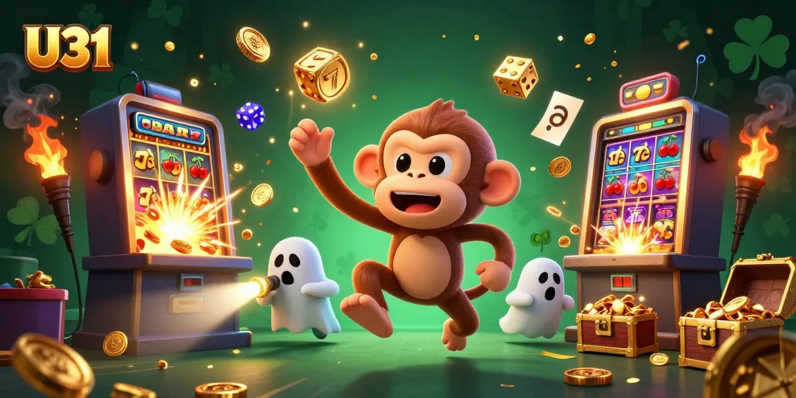 Experience the thrill of U31 as a ghost-hunter puppy tracks a mischievous monkey in a vibrant casino scene.