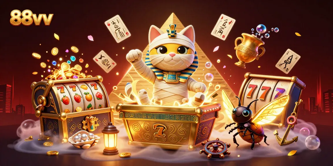 Experience the vibrant energy of 88vv's casino with the Egyptian mummy cat and glowing scarab beetle.