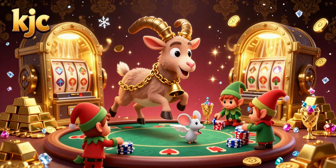 Engage with kjc's festive casino atmosphere featuring characters interacting while playful gremlins steal chips.