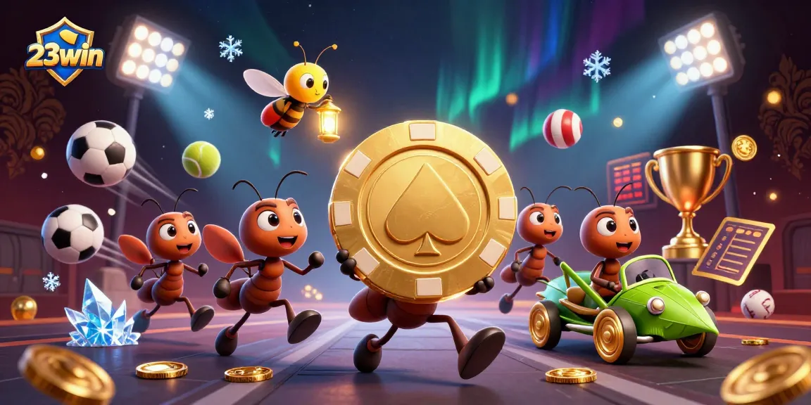 Play thrilling games at 23win with cartoon ants carrying a giant poker chip amidst vibrant casino elements.