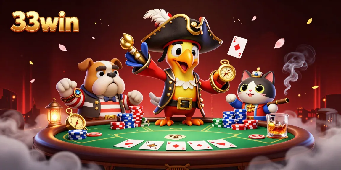 Bet on exciting games at 33win with a vibrant poker scene, featuring colorful chips and rich casino elements.