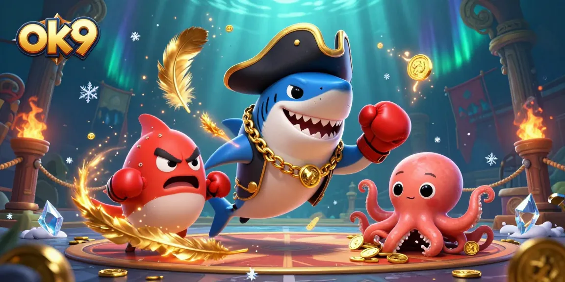 Bet on thrilling games at ok9 with a pirate shark and friends, capturing the excitement!
